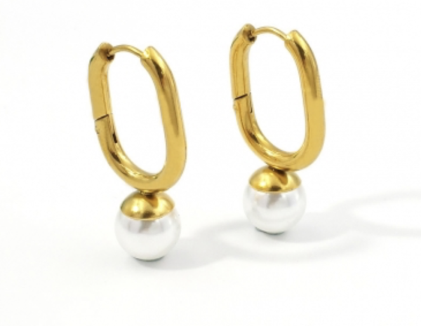 Golden Hoop Earrings with Pearl-Style Bead Accent